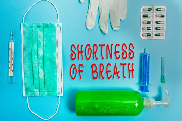 Word writing text Shortness Of Breath. Business concept for intense tightening of the airways causing breathing difficulty Primary medical precautionary equipments for health care protection.
