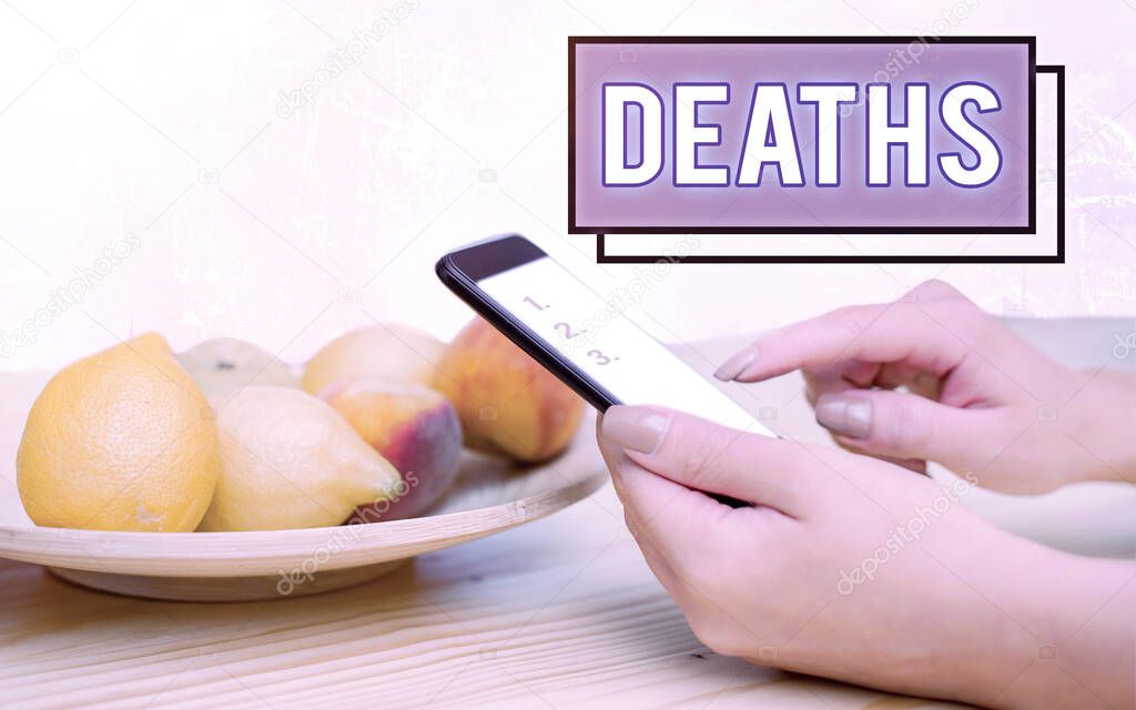Conceptual hand writing showing Deaths. Business photo text permanent cessation of all vital signs, instance of dying individual Modern gadgets white screen under colorful bokeh background.