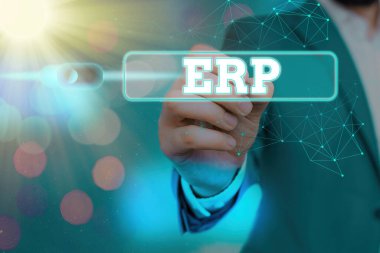 Kelime yazma metni Erp. İş süreçleri için kurumsal kaynak planlaması merkezileştirilmiş veritabanı konsepti web veri bilgi güvenlik uygulama sistemi için grafiksel asma kilit.