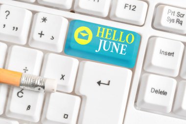 Hello June 'u gösteren bir not yazıyorum. Eğlence ve maceralar için etkinliklerinizi planlamak üzere yeni bir ay boyunca iş fotoğrafınız beyaz nota kağıdıyla birlikte beyaz pc klavye.