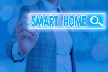 Smart Home 'u gösteren bir not yazıyorum. İş fotoğrafı gösterimi donanımlı ev telefon ya da bilgisayar Web araması dijital bilgi fütüristik teknoloji ağı bağlantısı ile uzaktan kontrol edilebilir.