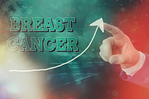 Pismo odręczne z rakiem piersi. Koncepcja oznacza chorobę, w której komórki w piersi rosną poza kontrolą krzywej cyfrowej strzałki rośnie w górę oznaczając koncepcję rozwoju wzrostu. — Zdjęcie stockowe