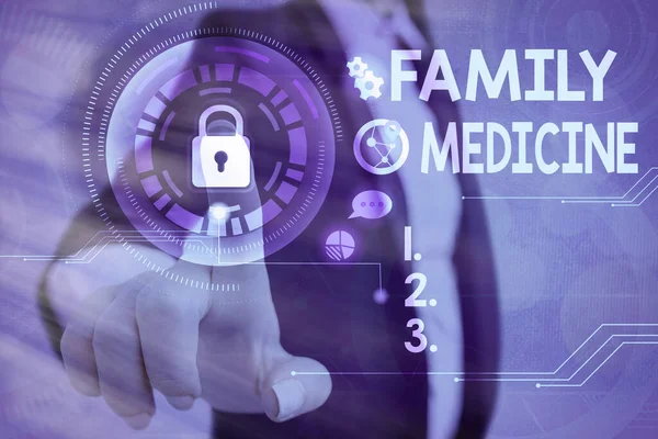 Fogalmi kézírás, családi orvoslás. Üzleti fotó bemutató átfogó egészségügyi ellátás az egyén és a család Grafikai lakat web adatbiztonsági alkalmazás rendszer. — Stock Fotó