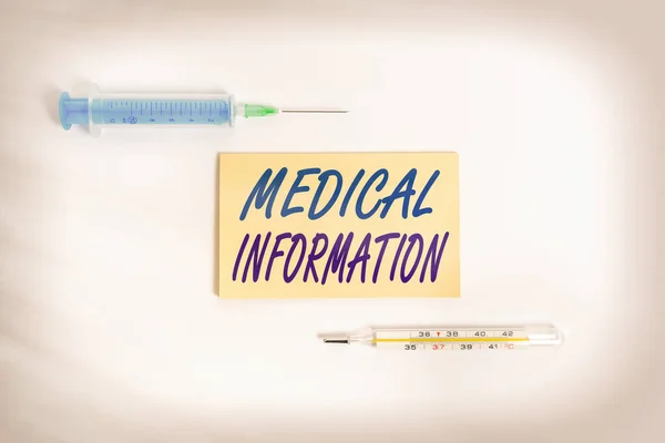 Text sign showing Medical Information. Conceptual photo an individual demographic information and medical histories Set of medical equipment with notepad for health condition assessment.