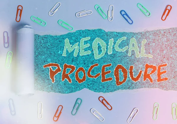 Word writing text Medical Procedure. Business concept for a course of action intended to achieve a result of healthcare Rolled ripped torn cardboard placed above a wooden classic table backdrop. — Stock Photo, Image