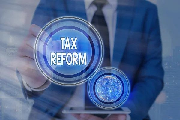 Text sign showing Tax Reform. Conceptual photo government policy about the collection of taxes with business owners Futuristic icons solar system. Elements of this image furnished by NASA. — Stock Photo, Image