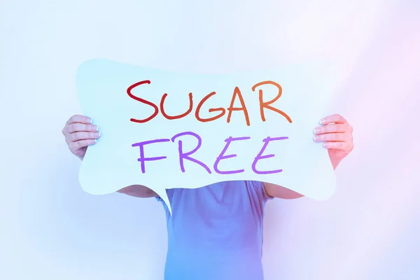 Szóírás: Sugar Free. Üzleti koncepció nem tartalmaz cukrot, és csak mesterséges édesítőszer helyett üres buborék chat matrica jegyzetek gúnyolódik hangsúlyozva személyes ötlet koncepció. — Stock Fotó