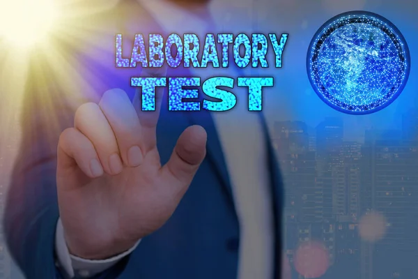 Writing note showing Laboratory Test. Business photo showcasing Determination of a medical diagnosis from the substances tested Futuristic icons solar system. Elements of this image furnished by NASA. — Stock Photo, Image