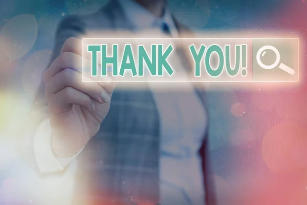 Writing note showing Thank You. Business photo showcasing polite expression to acknowledge a gift, service or compliment Web search digital information futuristic technology network connection. — Stock Photo, Image