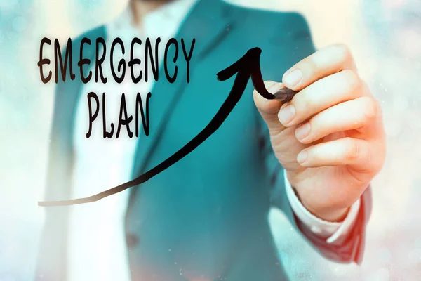 Writing note showing Emergency Plan. Business photo showcasing instructions that outlines what workers should do in danger Digital arrowhead curve denoting growth development concept. — Stock Photo, Image