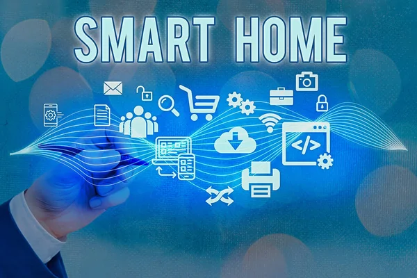 Textzeichen mit Smart Home. Konzeptfotos ausgestattetes Zuhause kann per Telefon oder Computer ferngesteuert werden Information digitale Technologie Netzwerkverbindung Infografik Elemente Symbol. — Stockfoto