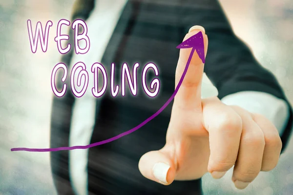Writing note showing Web Coding. Business photo showcasing a system of symbols and rules used to represent instructions Digital arrowhead curve denoting growth development concept.