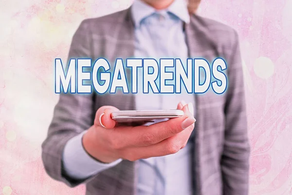 Megatrends 'i gösteren kavramsal el yazısı. Davranış hareketliliği ve çevre hareketliliği ile ilgili küresel desenleri gösteren iş fotoğrafı iş dünyasının önemli ayrıntılarını gösteren ekran dokunmatik dijital işaretleme. — Stok fotoğraf