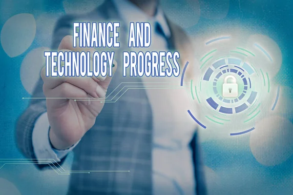 Writing note showing Finance And Technology Progress. Business photo showcasing helps develop innovative financial services Graphics padlock for web data information security application system.