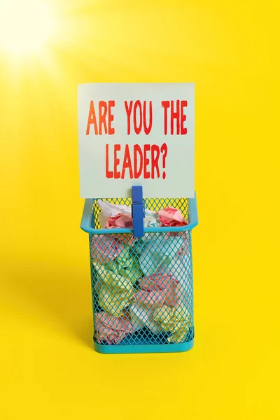 Conceptual hand writing showing Are You The Leader Question. Business photo text asking for the qualification of being a good boss Trash bin crumpled paper clothespin office supplies yellow.