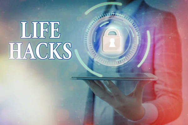 Text sign showing Life Hacks. Conceptual photo strategy or technique adopted to manage activities efficiently Graphics padlock for web data information security application system.