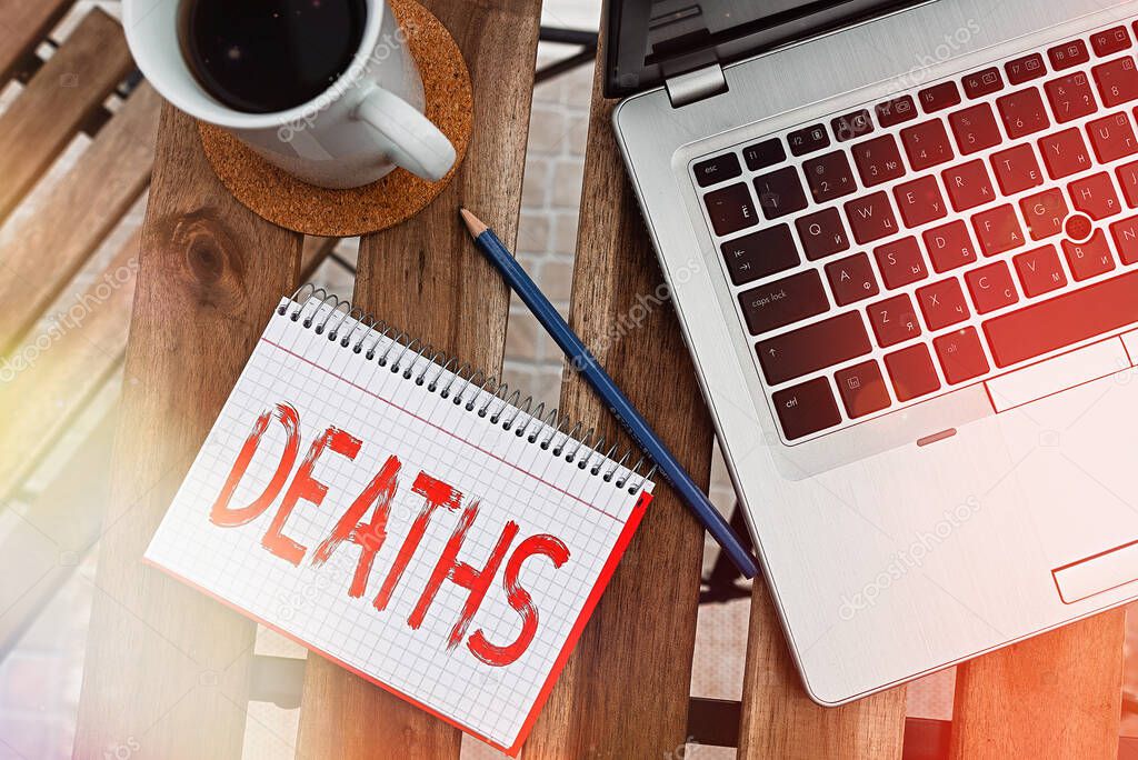 Writing note showing Deaths. Business photo showcasing permanent cessation of all vital signs, instance of dying individual Workplace overview with laptop used for individual interest.