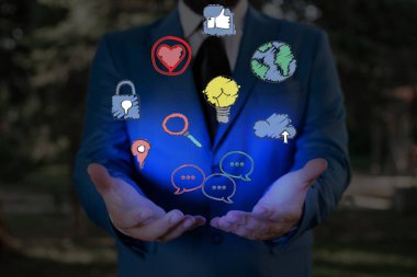 Bilgi Bilgisayarlaştırma Resimlerini Bilgisel Elementlerle Beleş Skeç Gösteriyor. Dijital Teknoloji, Sosyal Medya Ağı, İletişim, İş, Finansal Simgeler Konsepti