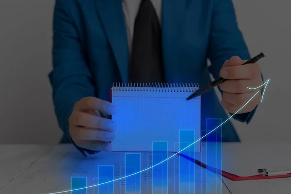 Man Smartphone Illustration Ascending Trends Performance Bar Graph Erhöhung der jährlichen Gewinne. Aufwärtstrend bei der Eskalation des Wachstums: Bericht über den Stand der Finanzaktien. — Stockfoto