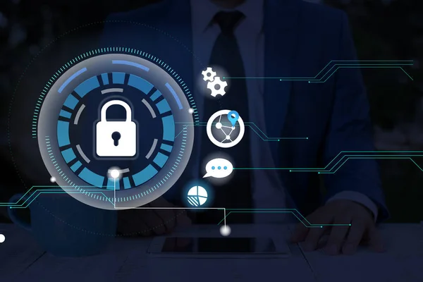 Γραφικά της τελευταίας ψηφιακής τεχνολογίας προστασίας Padlock Security στην εικονική οθόνη. Secured Internet Network Web Data Information Application System. — Φωτογραφία Αρχείου