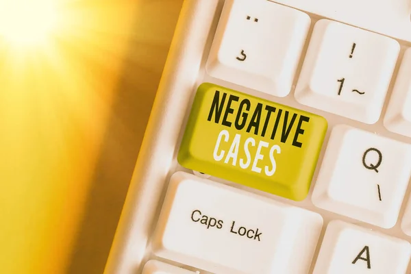 Text sign showing Negative Cases. Conceptual photo circumstances or conditions that are confurmed to be false White pc keyboard with empty note paper above white key copy space. — Stock Photo, Image
