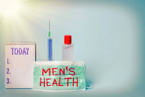 Text sign showing Mens Health. Conceptual photo state of complete and social wellbeing as experienced by men Set of medical equipment with notepad for health condition assessment.