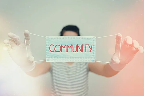 Text sign showing Community. Conceptual photo group of showing with a common characteristics living together Promoting health awareness with set of medical precautionary equipment.