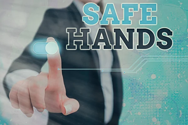 Conceptuele handschrift met Safe Hands. Zakelijke foto presentatie Zorgen voor de steriliteit en netheid van de handen voor decontaminatie Grafisch hangslot voor web data security applicatie. — Stockfoto