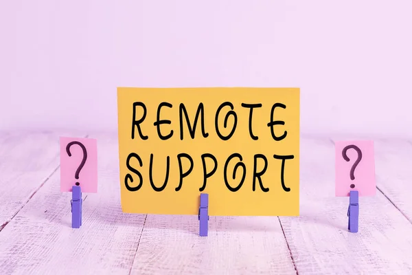 Conceptual hand writing showing Remote Support. Business photo text type of secure service, which permits representatives to help Crumbling sheet with paper clips placed on the wooden table.