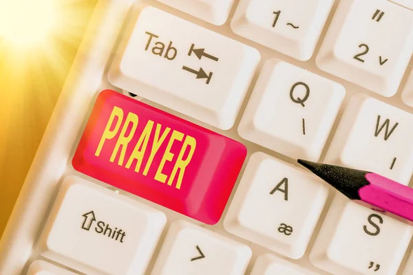 Writing note showing Prayer. Business photo showcasing solemn request for help or expression of thanks addressed to God White pc keyboard with empty note paper above white key copy space. — Stock Photo, Image