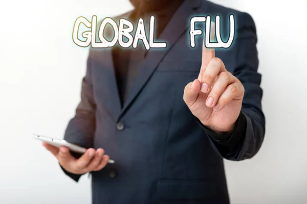 Tekst pisma Globalna grypa. Koncepcja oznaczająca powszechną chorobę zakaźną rozprzestrzeniającą się na całym świecie szybko Model ze wskazaniem palcem wskazującym na postęp nawigacji. — Zdjęcie stockowe