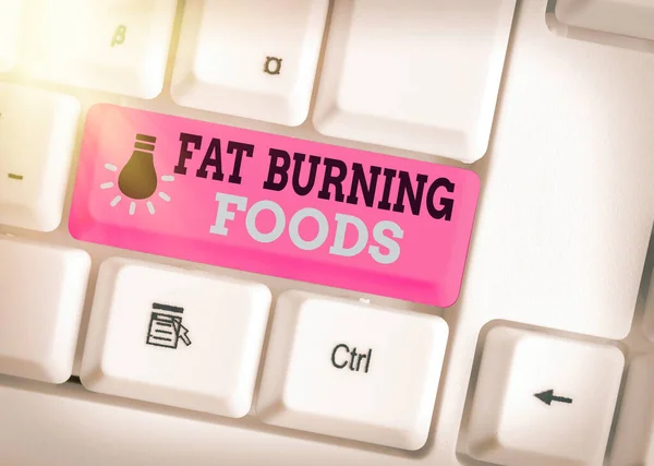 Conceptual hand writing showing Fat Burning Foods. Business photo text produce fat loss by stimulating metabolism to reduce appetite White pc keyboard with empty note paper above white key copy space. — Stock Photo, Image