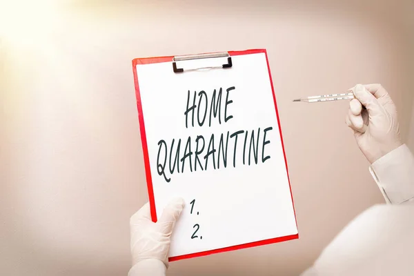 Writing note showing Home Quarantine. Business photo showcasing Encountered a possible exposure from the public for observation Laboratory blood test sample for medical diagnostic analysis. — Stock Photo, Image
