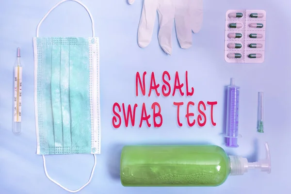 Word writing text Nasal Swab Test. Business concept for diagnosing an upper respiratory tract infection through nasal secretion Primary medical precautionary equipments for health care protection.
