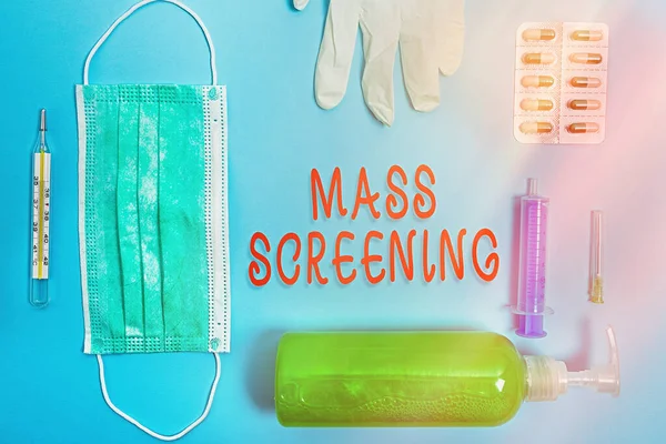 Word writing text Mass Screening. Business concept for health evaluation performed at a large amount of population Primary medical precautionary equipments for health care protection.