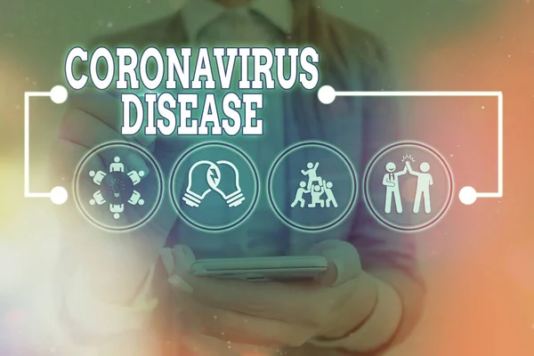 Tekst pisma do Coronavirus Disease. Koncepcja oznaczająca chorobę spowodowaną przez nowego wirusa SARSCoV2 Technologia informatyczna połączenie z siecią elementów infograficznych ikona. — Zdjęcie stockowe
