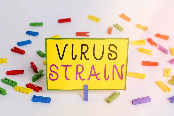 Virüs Strain 'i gösteren bir not yazıyorum. Orijinal mikroorganizmadan türetilmiş başka bir genetik varyant gösteren iş fotoğrafı Renkli çamaşır iğnesi kağıtları boş hatırlatıcı beyaz zemin arka plan ofisi. — Stok fotoğraf