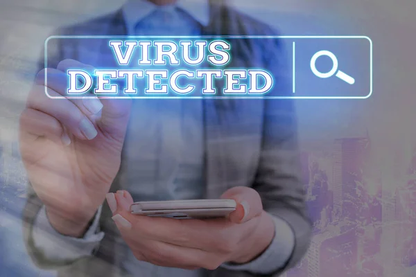 Texto de escritura de palabras Virus detectado. Concepto empresarial para un programa informático utilizado para prevenir y eliminar malware Búsqueda web información digital tecnología futurista conexión de red . — Foto de Stock