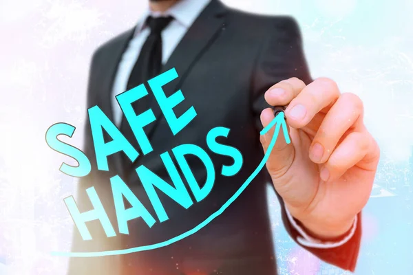 Handwriting text writing Safe Hands. Concept meaning Ensuring the sterility and cleanliness of the hands for decontamination digital arrowhead curve rising upward denoting growth development concept.