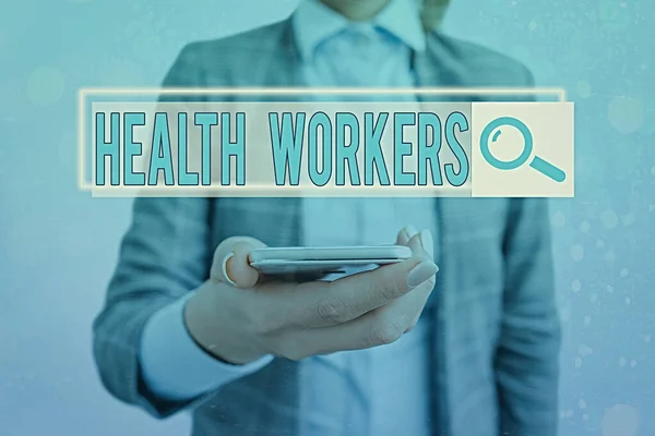 Text sign showing Health Workers. Conceptual photo showing whose job to protect the health of their communities Web search digital information futuristic technology network connection.