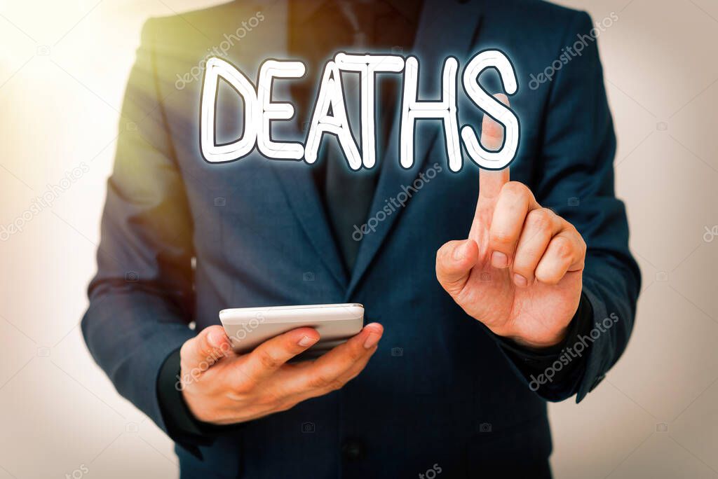 Writing note showing Deaths. Business photo showcasing permanent cessation of all vital signs, instance of dying individual Model with pointing hand finger symbolizing navigation progress growth.