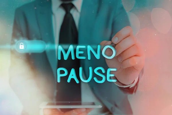 Writing note showing Meno Pause. Business photo showcasing the process through which a ceases to be fertile or menstruate Graphics padlock for web data information security application system.