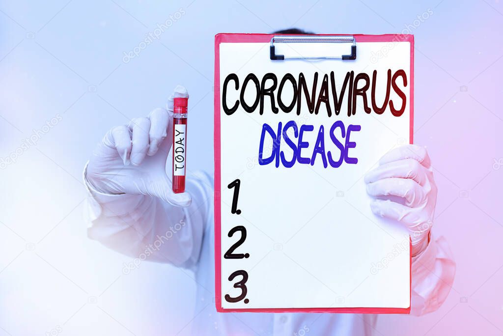Conceptual hand writing showing Coronavirus Disease. Business photo text defined as illness caused by a novel virus SARSCoV2 Laboratory blood test sample for medical diagnostic analysis.