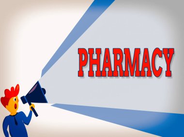 Eczaneyi gösteren bir mesaj. Kavramsal fotoğraf, reçeteli ilaç hazırlama uygulaması ve Konuşan Adam Uzatılmış Ses Sunumu Gücü ile Megafon Bekletme.