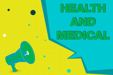 Kelime yazma Sağlık ve Tıp. Fiziki ve zihinsel refahın araştırılması ve incelenmesi için iş konsepti Megafon Hoparlörü ve Boş Geometrik şekil Yarım Konuşma Balonu.