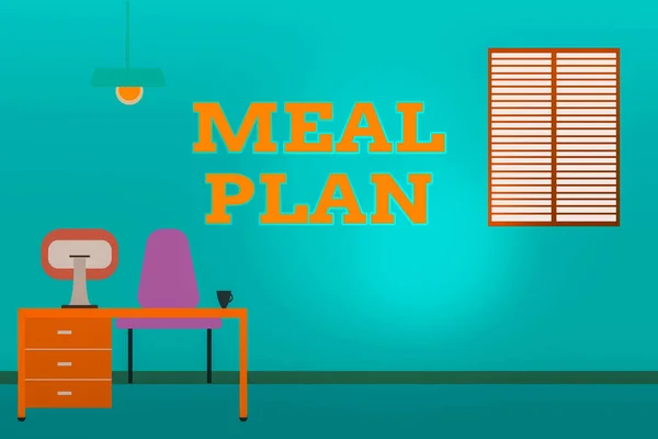 손으로 쓴 글자로는 《 Meal Plan 》 이 있다. 사업 사진을 보여 주는 시간을내어 일 주일 간먹을 식사를 계획하는 사업 현장 컴퓨터 내부 및 실내 연구 지역. — 스톡 사진