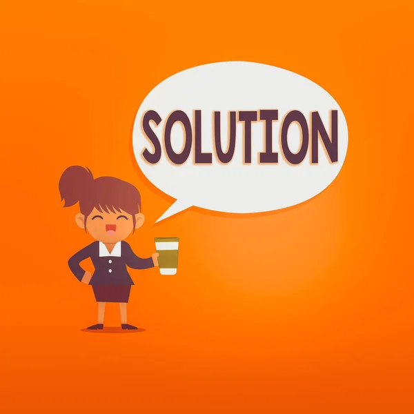 Handwriting text Solution. Concept meaning the ways to solve a problem or tackle a difficult situation Female Hu analysis Wearing Uniform Holding a coffee To Go Cup and Speech Bubble. — Stock Photo, Image