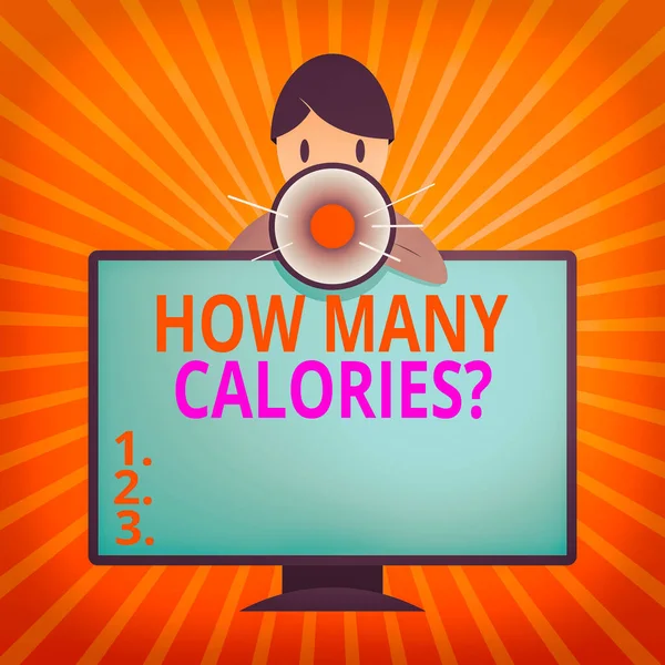 Conceptual hand writing showing How Many Calories Question. Business photo showcasing asking how much energy our body could get from it Man Behind mounted PC Monitor Talking and Holding Megaphone. — Stock Photo, Image