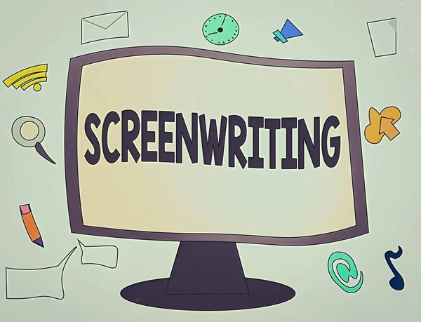 Conceptual hand writing showing Screenwriting. Business photo showcasing the art and craft of writing scripts for media communication Web Application Software icons Surrounding Computer Monitor. — Stock Photo, Image