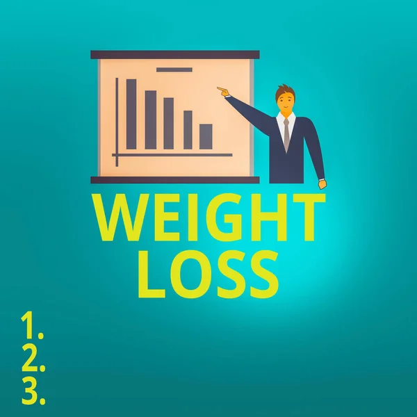 Text sign showing Weight Loss. Conceptual photo a reduction of the total body mass due to a mean loss of fluid Man in Business Suit Standing Pointing a Board with Bar Chart Copy Space. — Stock Photo, Image